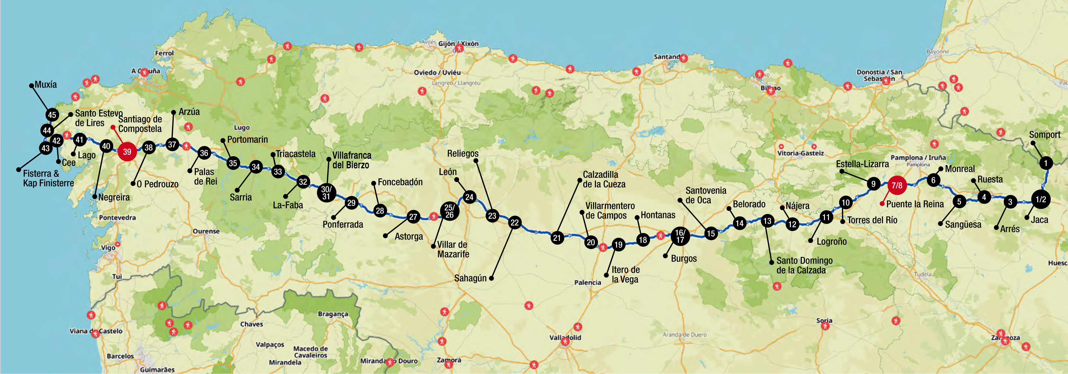 1–7 Camino Aragonés | 8–39 Camino Francés | 39–45 Camino de Fisterra & Muxía | In den fünf Orten mit doppelten Zahlen gab es einen wanderfreien Tag