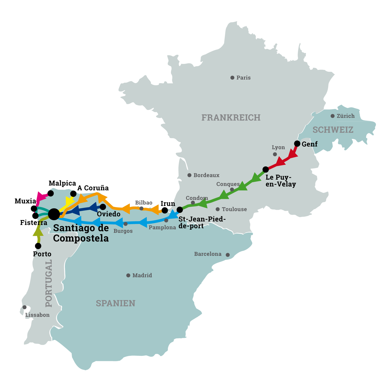 Karte der neun gewanderten Caminos durch Frankreich, Spanien und Portugal
